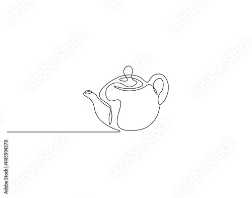Teapot outline drawing illustration. Continuous line draw of kitchen equipment vector.