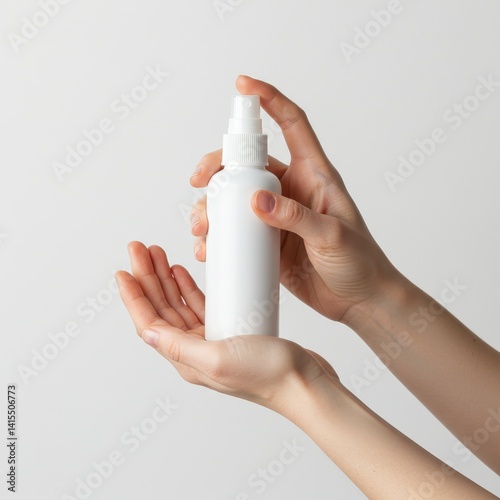 Woman holding a white spray bottle with both hands against a plain white background in a studio shot