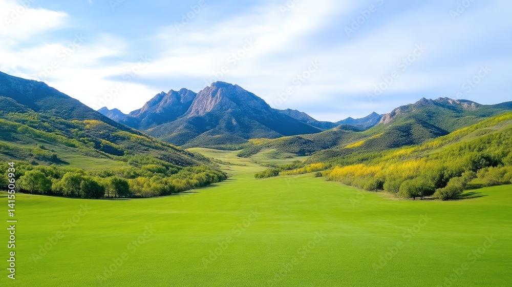 Obraz premium Picturesque valley nestled amongst towering mountains. Lush green meadow stretches across the valley floor, bordered by vibrant foliage and rocky peaks. A serene and beautiful landscape