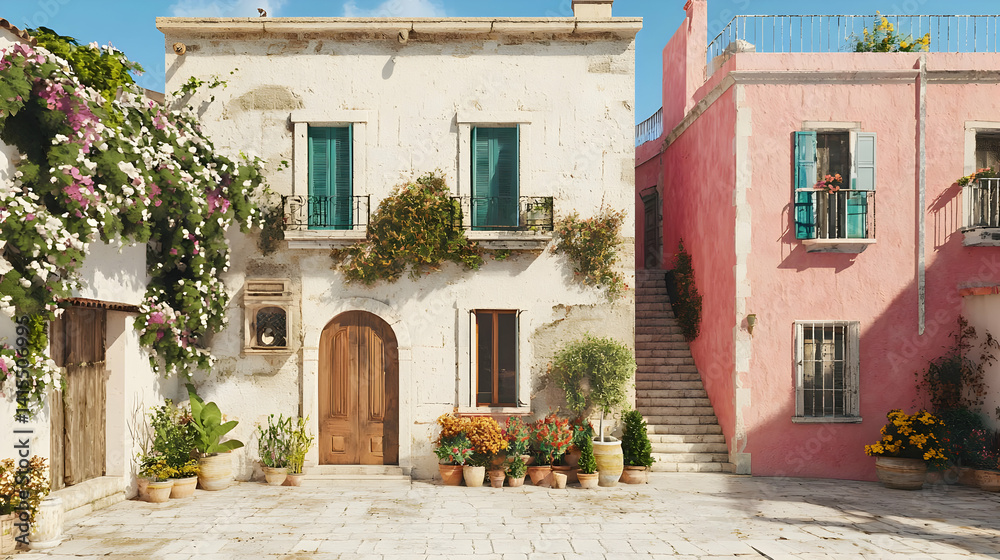 Fototapeta premium Pastel Colored Italian Townhouses With Flowers And Plants
