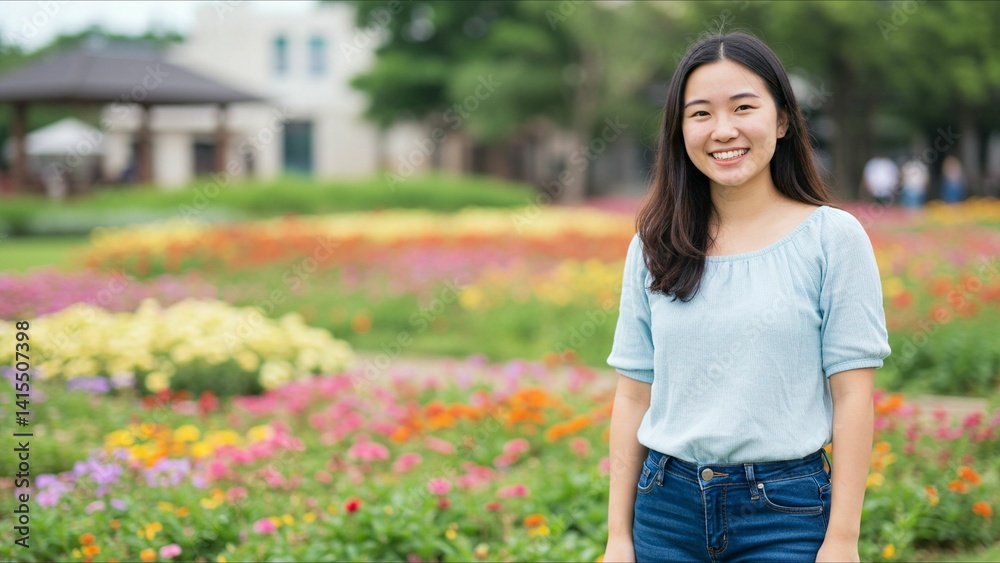 Woman Smiling in Colorful Garden Woman Smiling in Colorful Garden