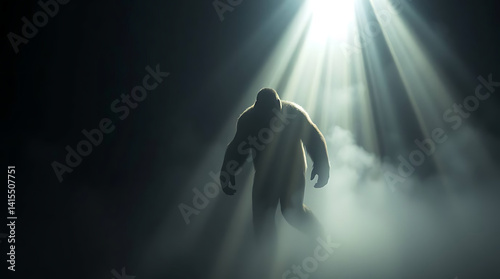 Big Foot encounter in the dark foggy forest, created by generative ai