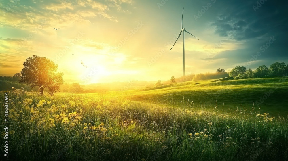 Obraz premium Idyllic landscape with wind turbine at golden sunset, symbolizing renewable energy