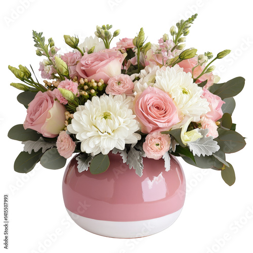 Beautiful Floral Arrangement in Round Pink Vase with White and Pink Flowers