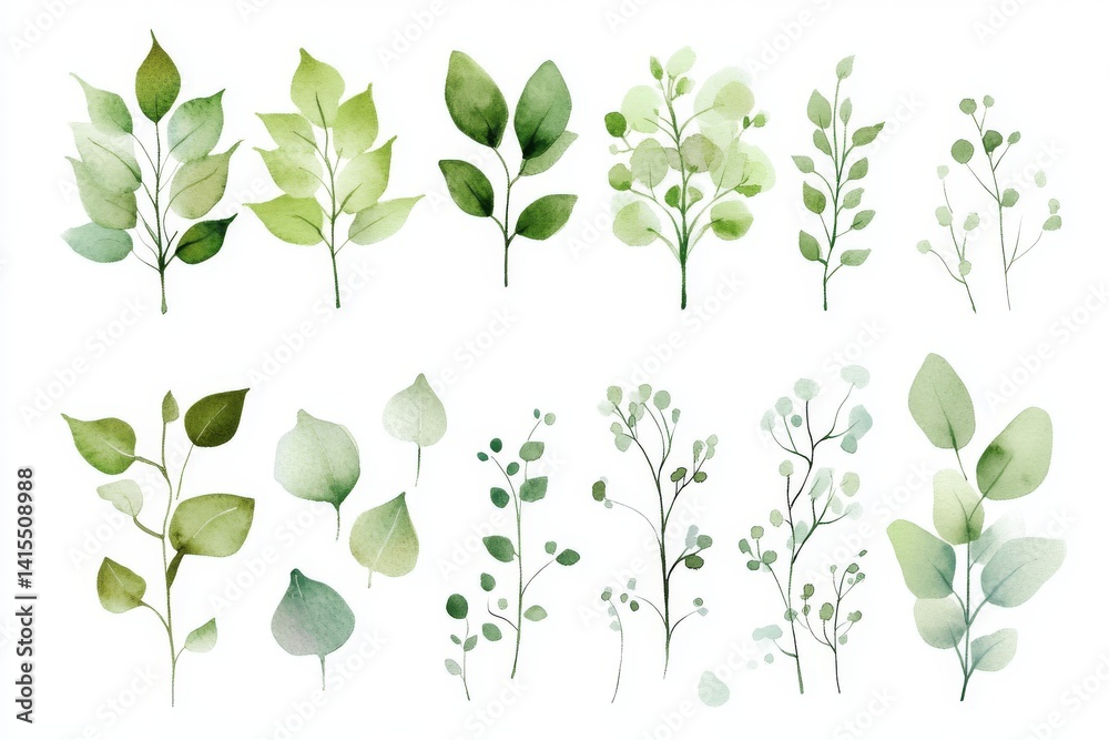 Obraz premium Botanical painting of tropical plants, characterized by hand-painted watercolor palm leaves and green leaves
