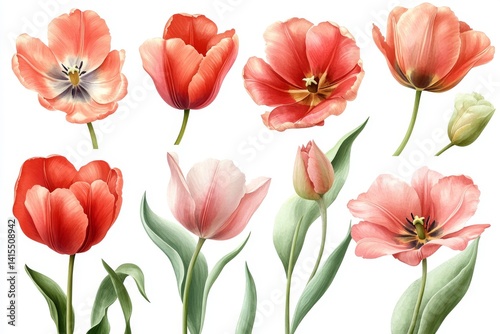 Fresh spring is represented by a set of hand-drawn tulips in bloom, paired with a green leaf and set against a beautiful floral background of wild flowers