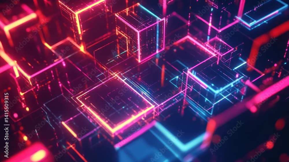 Fototapeta premium Abstract Neon Cube Network: Futuristic Technology and Data Representation