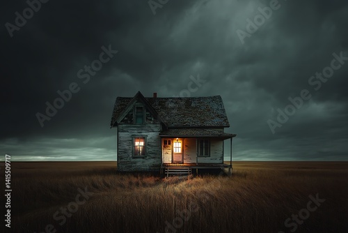 An old, dilapidated house stands alone in a field at night, illuminated by a warm light.
