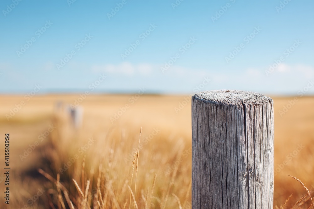 close-up of single weathered wooden fence post in rural setting with sprawling golden fields in background under clear close-up of single weathered wooden fence post in rural setting with sprawling golden fields in background under clear