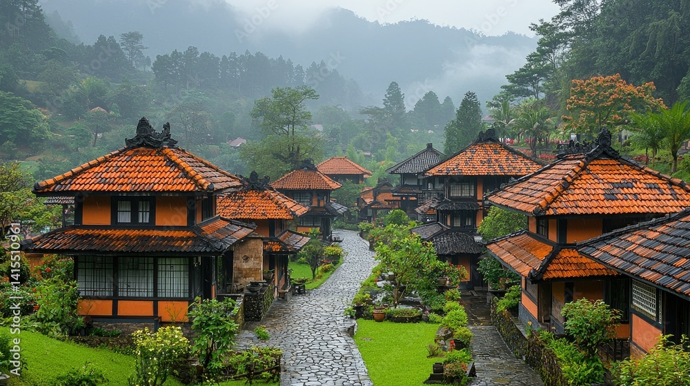 Fototapeta premium Asian Village Houses nestled in a misty mountain setting