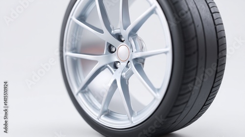 close-up of single wheel with shiny alloy rim against plain background