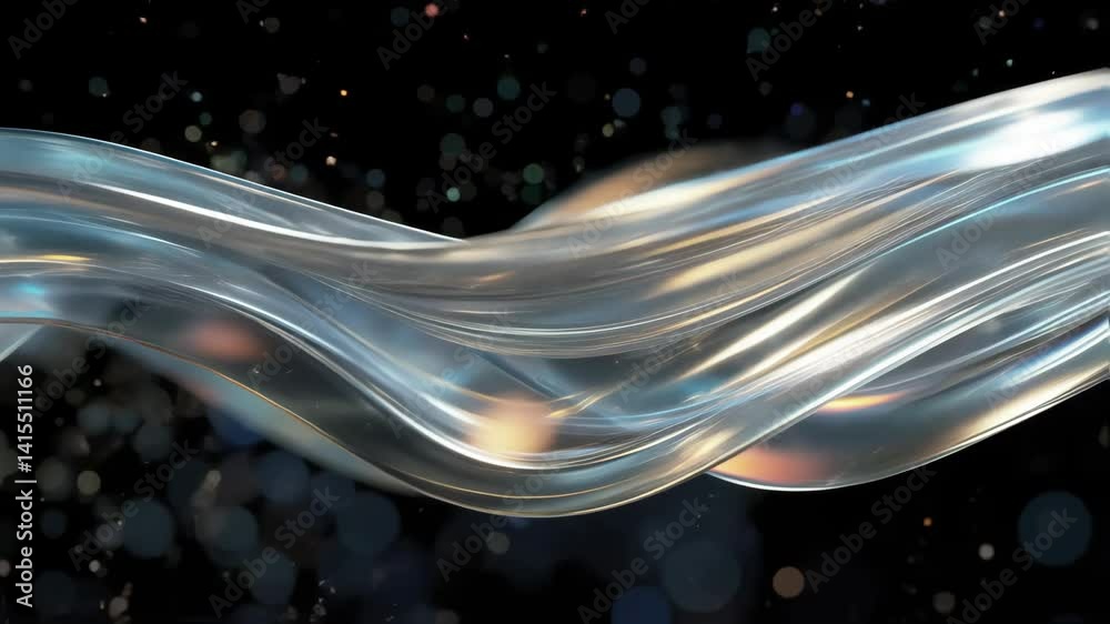 Futuristic flowing waves with sparkling holographic silver bokeh effects and glossy surface on a black background. Waves shimmer, intertwine and reflect light