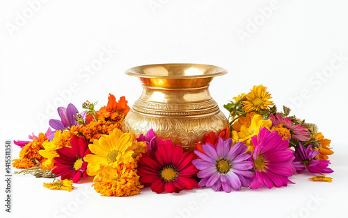 A Golden Kalash with Vibrant Floral Adornments Isolated on white background. Isolated on white background. Isolated on white background.
