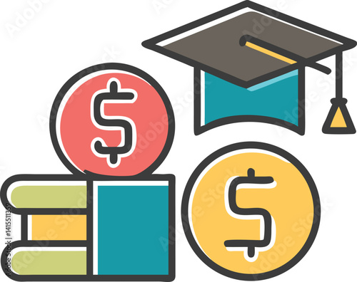 Education Cost Icon Graduation Cap, Books, and Dollar Coins Isolated
