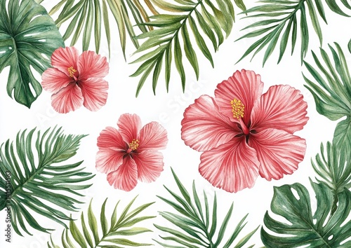 The beauty of tropical flora is captured in a watercolor botanical illustration of pink hibiscus flowers on an isolated white background