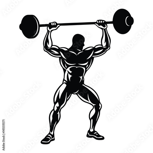 Strong muscular bodybuilder silhouette in powerful pose, unique vector illustration representing strength, fitness, and male bodybuilding concept