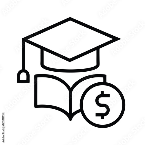 Education Costs Icon Mortarboard, Open Book and Dollar Sign in Outline Style