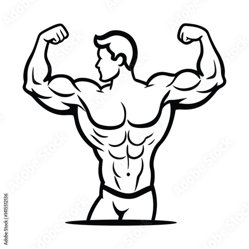 Strong muscular bodybuilder silhouette in powerful pose, unique vector illustration representing strength, fitness, and male bodybuilding concept