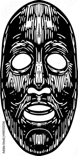 Bold, black-and-white illustration of a stylized mask or helmet-like headpiece.