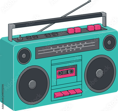 Retro turquoise cassette boombox with pink buttons and antenna in isometric flat design vector illustration