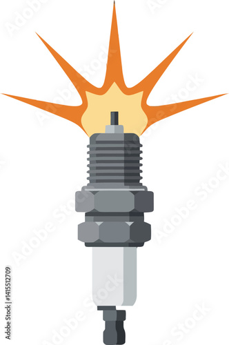 Single automotive spark plug emitting bright ignition spark flat design vector art
