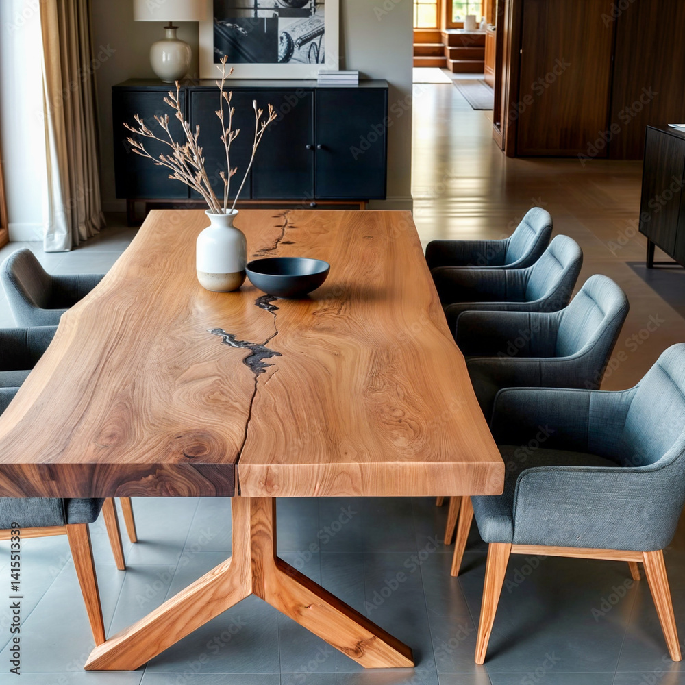 Elegant Dining Room with Live-Edge Wooden Table and Upholstered Armchair