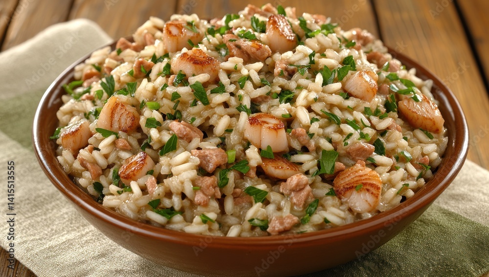 Delicious risotto with scallops and meat in a rustic bowl. Delicious risotto with scallops and meat in a rustic bowl.