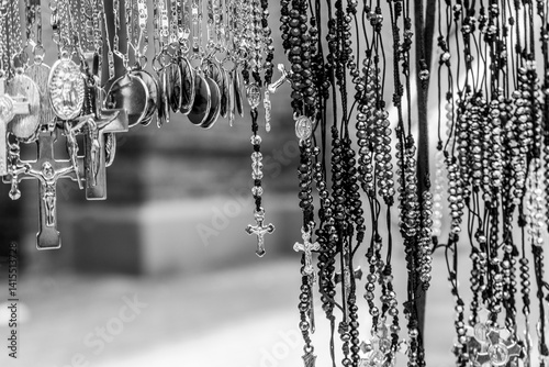 Good Friday, Holy Week procession, traditional Catholic celebration. (Black and white)