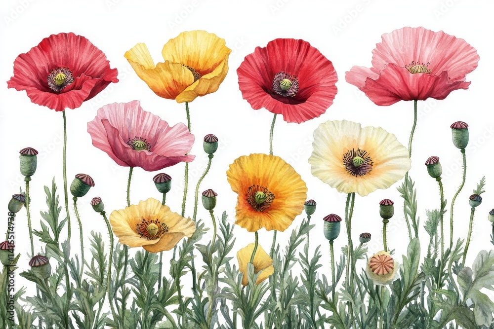 Fototapeta premium A watercolor depiction of wildflowers is presented, featuring poppies, buds, seeds, and leaves set against a white backdrop in a vibrant botanical illustration