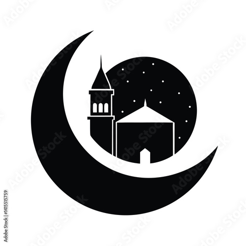 Crescent star kaaba silhouette vector