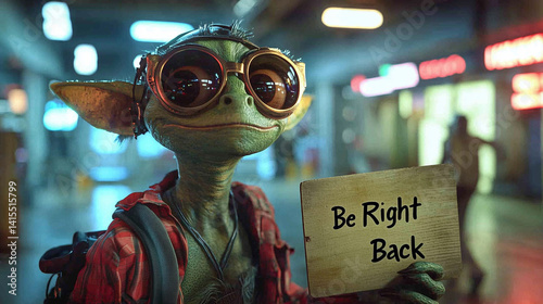 cute alien creature holding sign in urban setting 