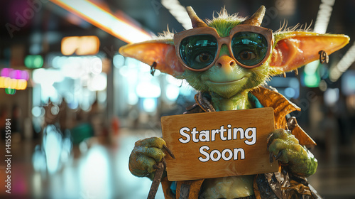 friendly alien creature holding starting soon sign at airport terminal 