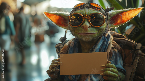 cute alien creature wearing goggles holding blank sign in airport 