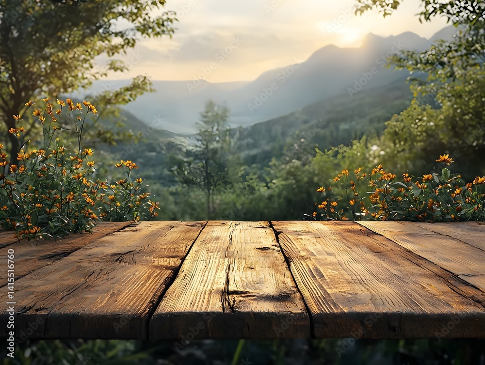 Naklejka premium Rustic wooden table with a scenic mountain landscape view