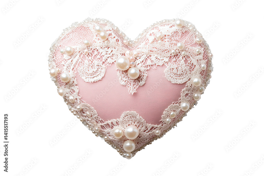 Obraz premium Elegant pink heart-shaped pillow adorned with lace and pearls, perfect for decor or gifts.