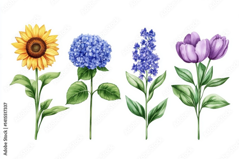 Fototapeta premium Colorful wildflowers are featured alongside flowers, including lilac, lily, sunflower, and cornflower, as watercolor floral elements suitable for cards and design