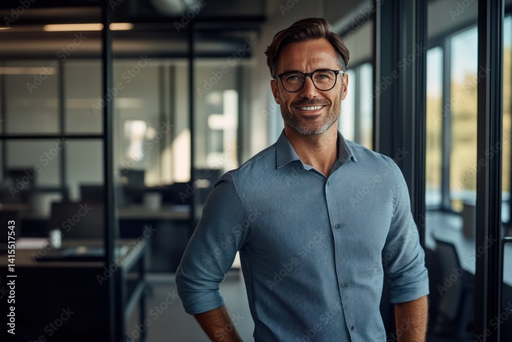 Man wearing glasses smiles in an office setting with glass walls. Man wearing glasses smiles in an office setting with glass walls.