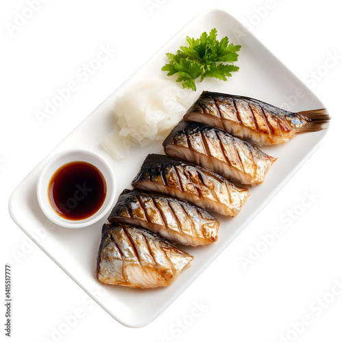 Grilled mackerel served with daikon radish and soy sauce, isolated on a transparent background