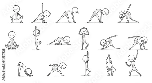 Stickman Yoga Poses Vector Set	Vector illustration set of stickman characters in various yoga poses like warrior and tree pose. Ideal for wellness blogs, fitness content, and health apps