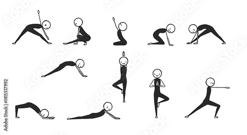 Stickman Yoga Poses Vector Set	Vector illustration set of stickman characters in various yoga poses like warrior and tree pose. Ideal for wellness blogs, fitness content, and health apps