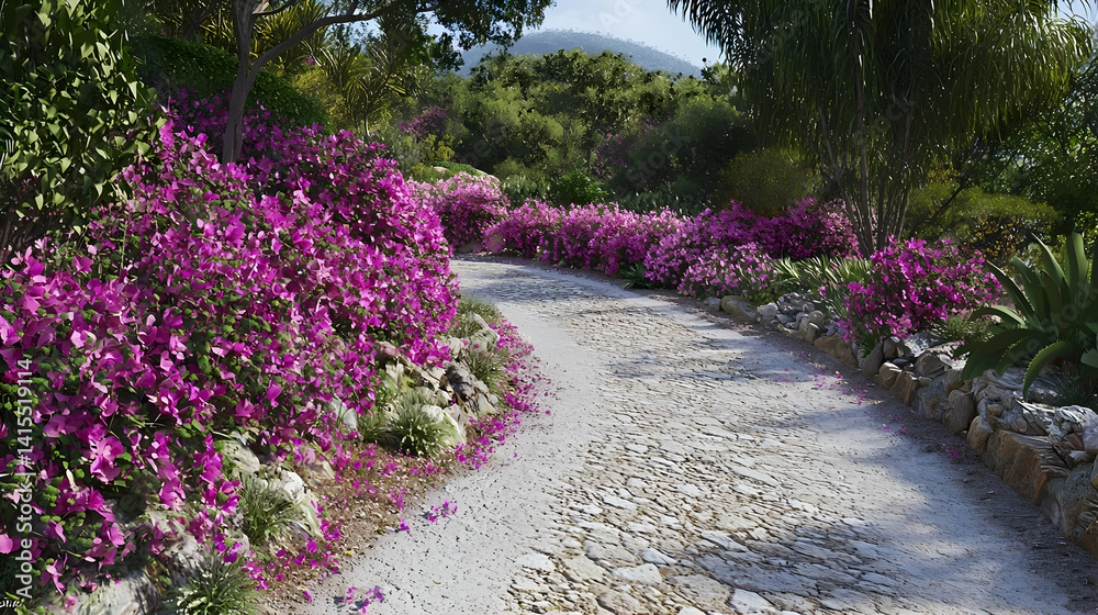 Fototapeta premium Scenic Garden Path Lined With Pink Flowers