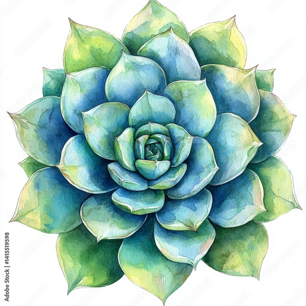 Fototapeta premium This echeveria watercolor botanical painting showcases a beautiful succulent green flower, paired with delicate floral hand-drawn illustrations on a clean isolated background