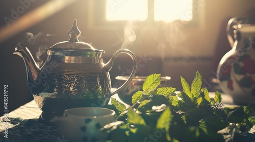 Traditional Middle Eastern Tea Set with Fresh Mint Leaves Displayed