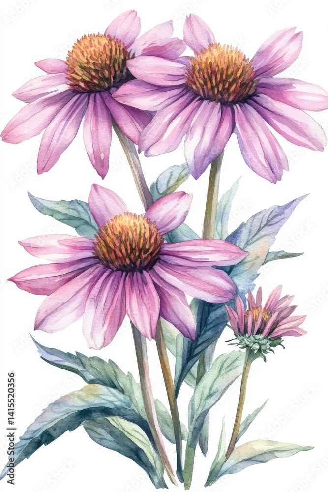 Obraz premium The wedding bouquets of fall flowers are depicted in watercolor, featuring a floral pastel botanical arrangement that includes echinacea flowers and a summer plant