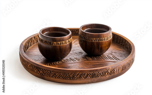 A Hand-Carved Ethiopian Wooden Coffee Tray Isolated on white background. Isolated on white background. Isolated on white background.