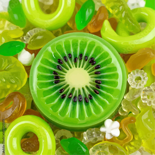 Kiwi-colored candy composition with glossy and fruity highlights on dark background