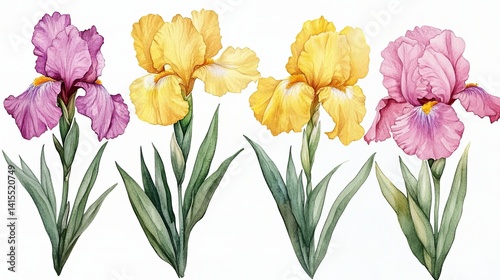 Yellow irises in watercolor, lovely blooms isolated on a white backdrop, a hand-drawn floral illustration suitable for a greeting card