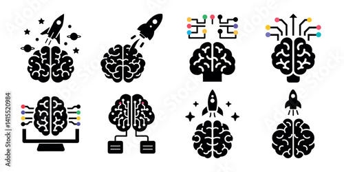 A brain launches rockets and connects to circuits showing artificial intelligence and technology innovation in digital and creative concept icons