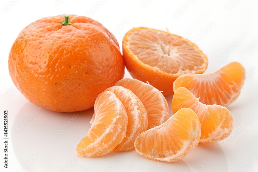 A peeled orange with a few slices arranged beside it, plain white background A peeled orange with a few slices arranged beside it, plain white background