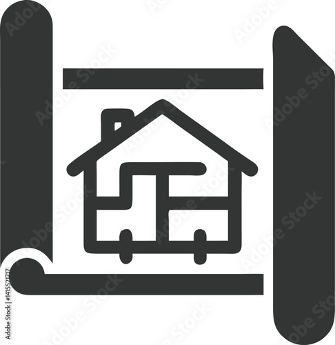 Home Blueprint on Scroll Paper Icon | Minimalist Design on Transparent